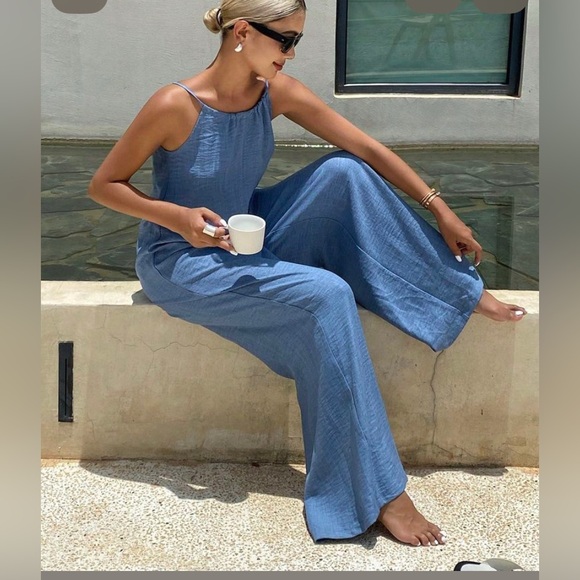 Hunter & Brown Pants - Ash Mystery :  NWT Blue Linen Jumpsuit - Cropped
